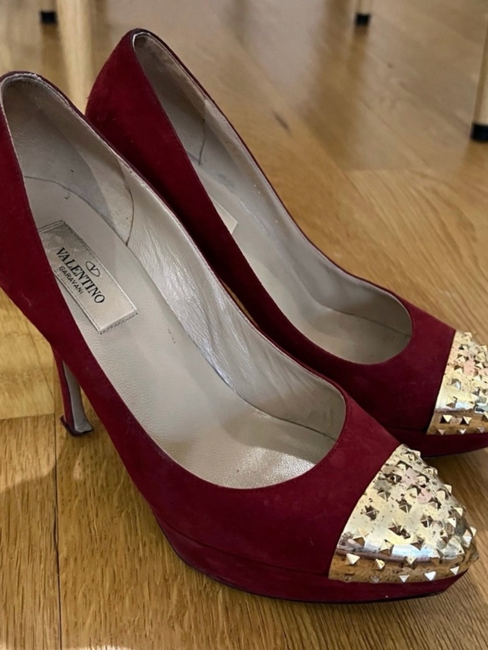 Valentino Burgundy Suede Studded Cap-Toe Pumps